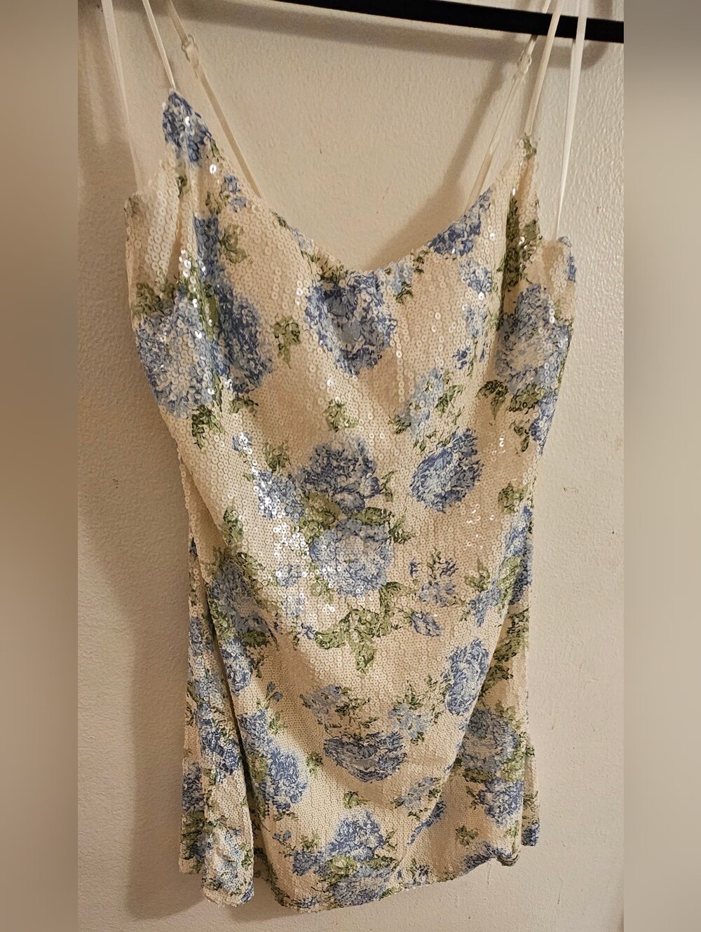 B Darlin - Sequin Floral Cami Top - Cream with Blue Floral